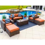 Tuscany 6-Piece M Resin Wicker Outdoor Patio Furniture Lounge Sofa Set with Loveseat Two Armchairs Two Ottomans and Coffee Table (Half-Round Brown Wicker Sunbrella Canvas Tuscan)
