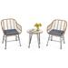 Patiojoy 3PCS Patio Rattan Furniture Set with Round Tempered Glass Top Table & 2 Rattan Armchairs Gray Cushions