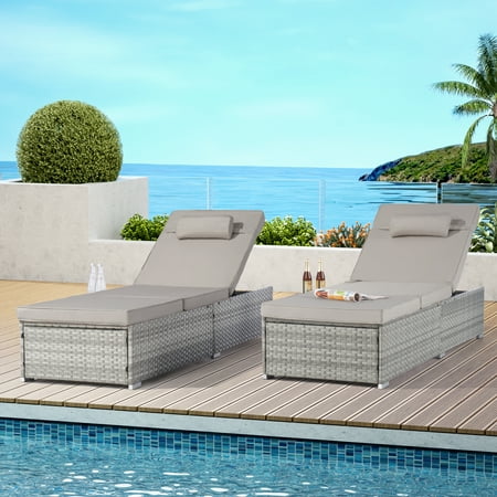Reclining Outdoor Patio Lounge Furniture Set of 2 3 Pieces All-Weather Poolside Rattan Wicker Pool Chaise Chairs Sets with Glass Top Coffee Table Brown PE Wicker and Blue