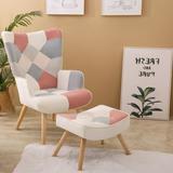 Fabric Accent Chair and Ottoman Set Modern Comfy Side Armchair with Pink Upholstered Creative Splicing Cloth Surface