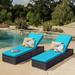 Superjoe 2 Pcs Patio Wicker Sun Lounger Outdoor Rattan Chaise Adjustable Reclining Lounge Chair Black Wicker Blue Cushions