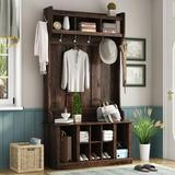 UBesGoo Industrial Hall Tree with Coat Rack Stand Wooden Entryway Bench with Shoe Cabinet Organizer 6 Hooks & 8 Storage Cubbies in Hallway Living Room Bedroom Office Tiger