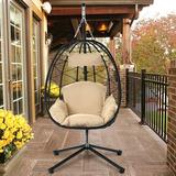 Wicker Egg Hanging Chair Indoor Outdoor Swing Egg Chair with Stand Cushion & Pillow Hammock Chair Swing with Stand Hanging Lounge Chair for Patio Backyard Balcony Garden Bedroom K3063