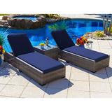 Sorrento 3-Piece Resin Wicker Outdoor Patio Furniture Chaise Lounge Set in Gray w/ Two Chaise Lounge Chairs and Side Table (Flat-Weave Gray Wicker Sunbrella Canvas Navy)