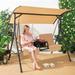 Costway 2-Person Canopy Porch Swing Padded Chair Cooler Bag Rotatable Tray Beige