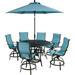 Hanover Traditions 7-Piece Outdoor High Dining Patio Set 6 Counter-Height Padded Sling Swivel Chairs 56 Round Cast Aluminum Table 9 Umbrella and Umbrella Base Rust-Resistant All-Weather