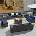 Kullavik Outdoor Patio Furniture Set with Gas Fire Pit Table 13 Pieces Outdoor Furniture Set Patio Sectional Sofa w/43in Propane Fire Pit PE Wicker Rattan Patio Conversation Sets Navy Blue