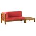 GDF Studio Keith Outdoor Acacia Wood Left Arm Loveseat and Coffee Table Set with Cushion Teak and Red