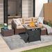 Patio Furniture Set with 28 Fire Pit Table 4 Piece Outdoor Small Sectional Sofa Wicker Conversation Set with Tempered Glass Coffee Table 40 000 BTU Propane Fire Pit Lava Rocks Included Beige