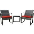 Zeno 3-Piece Rattan Bistro Furniture Set -Two Sturdy Chairs With Glass Outdoor Garden Coffee Table- Red
