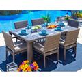 Tuscany 7-Piece Resin Wicker Outdoor Patio Furniture Rectangular Dining Table Set in Gray w/ Dining Table and Six Cushioned Chairs (Half-Round Gray Wicker Sunbrella Canvas Aruba)