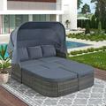 Churanty Outdoor Patio Furniture Set Daybed Sunbed PE Wicker Sectional Sofa Set with Retractable Canopy/Lift Top Coffee Table Rattan Conversation Set Grey