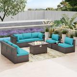 Kullavik Patio Furniture set Sectional Sofa 10 Pieces PE Rattan Wicker Patio Conversation Set w/43 Gas Fire Pit Table Outdoor Furniture with 55000 BTU Propane Fire Pit Blue