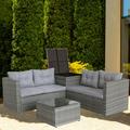 Rattan Wicker Patio Furniture 4 Piece Patio Furniture Sofa Sets with Loveseat Sofa Storage Box Tempered Glass Coffee Table All-Weather Patio Conversation Set with Cushions for Backyard Garden Pool