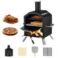 Pizzello Outdoor Pizza Oven Wood Burning for Cooking 2 Pizzas Outside Pizza Maker with Pizza Stone Pizza Peel - Black + Silver