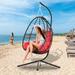 Patio Hammock Chair Wicker Hanging Swing Egg Chair with Stand and Cushion and Hanging Kits 350LBS Capacity Durable All-Weather UV Patio Rattan Lounge Chair for Patio Deck Yard Garden Red SS1956