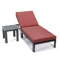 LeisureMod Chelsea Modern Aluminum Outdoor Chaise Lounge Chair With Side Table & Red Cushions
