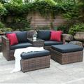 5 PCS PE Rattan Sofa Set Patio Conversation Furniture Set with Ottoman Glass Table & Cushioned Chair Outdoor Wicker Sectional Furniture Set for Balcony Living Room Poolside Garden Brown D1050