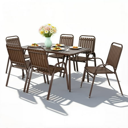 7 Piece Outdoor Dining Table and Chairs for 6 Seizeen Patio Conversation Dining Set with Rectangular Table and High-back Chair Plastic Wood Grain Top Space-saving Furniture Set for Deck Yard Brow