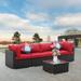 Ainfox 5 Pc Outdoor Patio Furniture Sofa Sectional Set PE Wicker Sectional Lawn Rattan Couch Conversation Chair Set with Red Thickened Cushions Glass Table