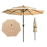 9Ft 3-Tiers Wind Vent Heavy-Duty Round Outdoor Market Patio Umbrella w/Steel Pole Push Button Tilt Easy Crank Lift - Tan
