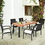 Gymax 7PCS Patio Rattan Dining Set Wooden Table Top Cushioned Chair Garden