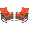 MEETWARM Outdoor Wicker Patio Rocking Chair Cushioned Rattan Rocker Chair for Porch Deck Poolside with Steel Frame Weather-Resistant Orange Cushions Set of 2