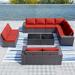 Gotland Outdoor Patio Furniture Sectional Conversation Set 12Pcs Rattan Wicker 10 Cushion Table Red