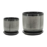 Sagebrook Home Set Of 2 5/6 Vertical Lines Planter With Saucer Black Round Ceramic Contemporary 6 H Line