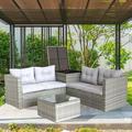 Outdoor Wicker Furniture Sets 4 Piece Patio Sofa Set with Loveseat Sofa Storage Box Tempered Glass Coffee Table All-Weather Outdoor Conversation Set with Cushions for Backyard Garden Pool