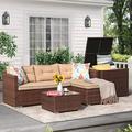 Patio Furniture Set Outdoor Small Sectional Sofa Set with Storage Box Patio PE Rattan Conversation Set All Weather Brown Wicker Couch with Tempered Glass Coffee Table Beige