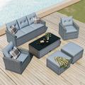 6 Piece Outdoor Patio Furniture Sets All Weather PE Wicker Furniture Set Patio Sectional Sofa Sets Outdoor Conversation Set with Removable Cushions Furniture Cover Light Gray