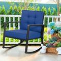 Gymax Outdoor Wicker Rocking Chair Patio Lawn Rattan Single Chair Glider w/ Navy Cushion