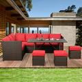 Danrelax 7 Pieces Patio Furniture Set Outdoor Sectional Sofa Conversation Set All Weather Brown Rattan Couch Dining Table &Ottomans Red Cushions