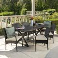 Noble House Aamaya Outdoor 7 Piece Aluminum Dining Set with Wicker Dining Chairs and Cushions Brown Black Multibrown CrÃ¨me