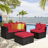 Costway 4PCS Patio Rattan Wicker Furniture Set Cushioned Sofa Ottoman Garden Deck Red