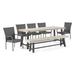 GDF Studio Tahiti Outdoor Acacia Wood and Wicker 7 Piece Dining Set with Bench Sandblasted Light Gray Black and Gray