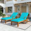 Sesslife Outdoor Solid Wood Chaise Lounge 2 Piece Patio Brown Finish Reclining Chair Furniture Set Beach Pool Adjustable Backrest Recliners with Blue Cushions