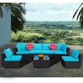 Polar Aurora 7 Pieces Modular Outdoor Patio Sofa Set PE Rattan Sectional Furniture Wicker Blue Brown