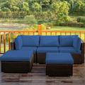 Gymax 5PCS Rattan Patio Conversation Set Outdoor Furniture Set w/ Ottoman Navy Cushion