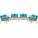 Patiojoy 8PCS Patio Rattan Furniture Set Wood Frame Cushioned Sofa with Coffee Table Sectional Conversation Sofa Set for Garden Turquoise