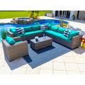 Tuscany 9-Piece Resin Wicker Outdoor Patio Furniture Sectional Sofa Set with Seven Modular Sectional Seats Armchair and Coffee Table (Half-Round Gray Wicker Sunbrella Canvas Aruba)