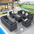 NICESOUL 9 Pcs Wicker Outdoor Furniture with Fire Pit Table Patio Sectional Sofa Dark Gray