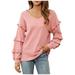 Women s Fashion Ruffle Tiered Long Sleeve Sweater Tops Casual Sexy V Neck Loose Plain Sweatshirt Blouses (Small Pink)