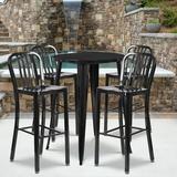 Flash Furniture Commercial Grade 30 Round Black Metal Indoor-Outdoor Bar Table Set with 4 Vertical Slat Back Stools