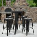 Flash Furniture Commercial Grade 24 Round Black Metal Indoor-Outdoor Bar Table Set with 4 Square Seat Backless Stools