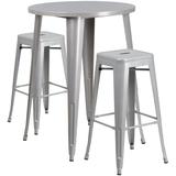Flash Furniture Boyd Commercial Grade 30 Round Silver Metal Indoor-Outdoor Bar Table Set with 2 Square Seat Backless Stools