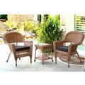 3pc Honey Wicker Chair and End Table Set with Black Chair Cushion