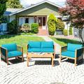 Costway 4PCS Wooden Patio Furniture Set Cushioned Sofa W/Rope Armrest Turquoise