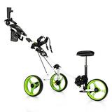 PEXMOR Foldable Golf Push Cart 3 Wheels w/ Seat Umbrella Holder Scoreboard Bag (Green)